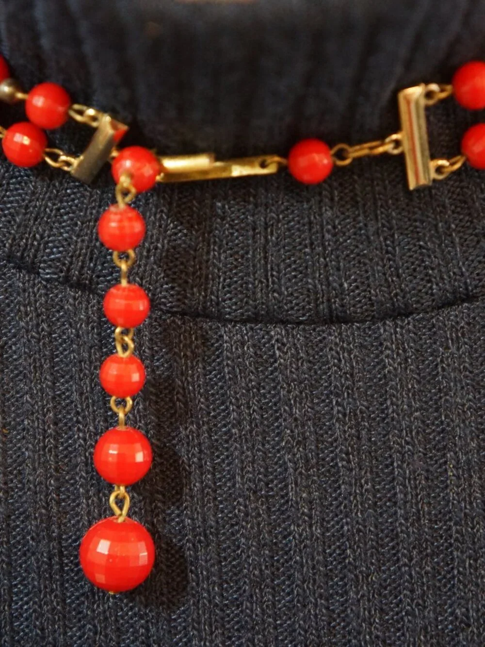 Vintage 1950s Signed Germany Red Faceted Bead Necklace & Clip On Earring Set